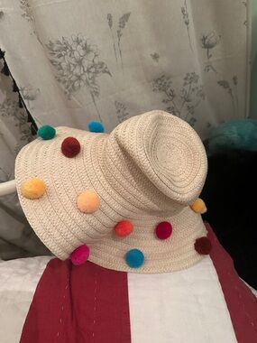 Betsey Johnson Cream Straw Hat with Multicolor Pom Poms
